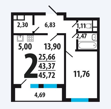 Двухкомнатная квартира 45.72 м²
