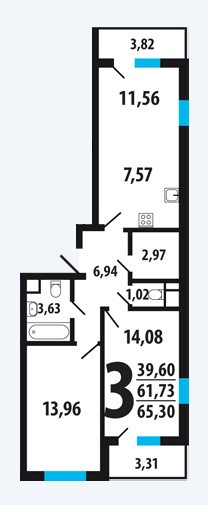 Трёхкомнатная квартира 65.3 м²