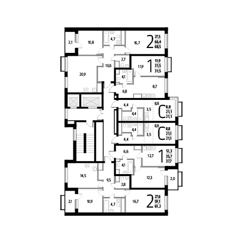 Двухкомнатная квартира 68.5 м²