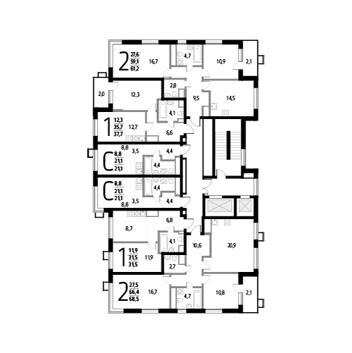 Двухкомнатная квартира 61.2 м²
