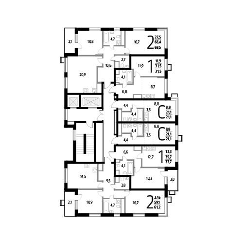 Двухкомнатная квартира 68.5 м²