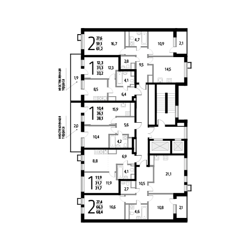 Двухкомнатная квартира 61.2 м²