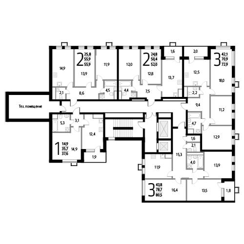 Трёхкомнатная квартира 72.9 м²