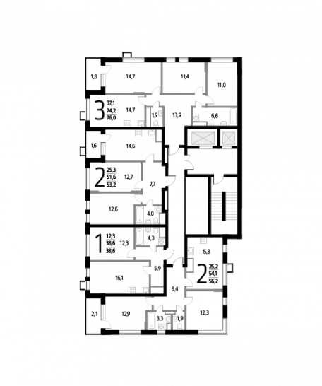 Трёхкомнатная квартира 76 м²