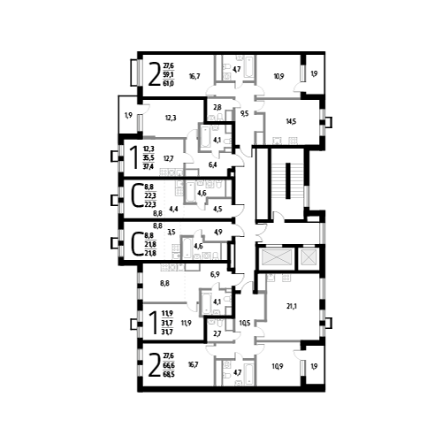 Двухкомнатная квартира 61 м²