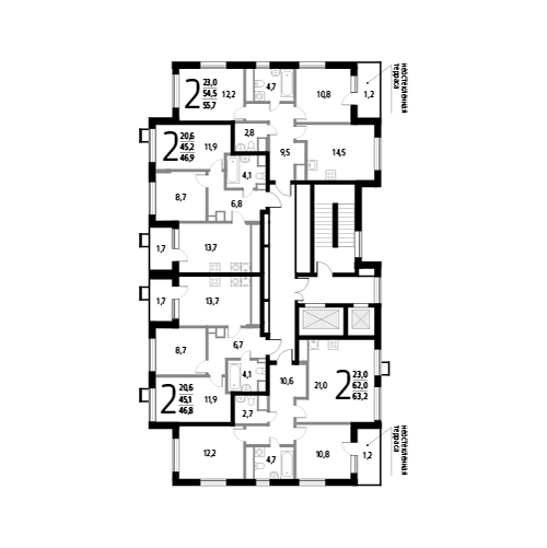 Двухкомнатная квартира 55.7 м²