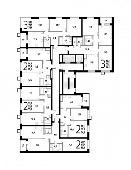 Трёхкомнатная квартира 72.9 м²