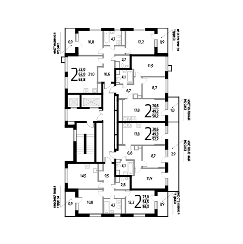 Двухкомнатная квартира 56.3 м²