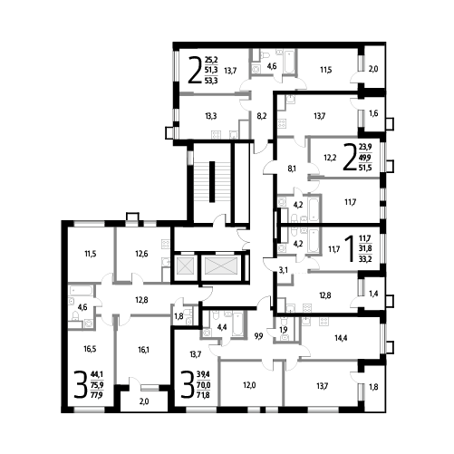 Трёхкомнатная квартира 71.8 м²
