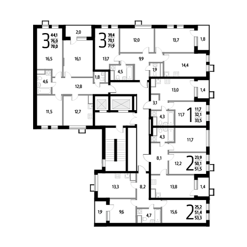 Трёхкомнатная квартира 71.9 м²