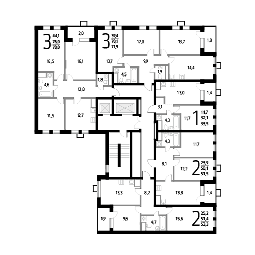 Трёхкомнатная квартира 71.9 м²
