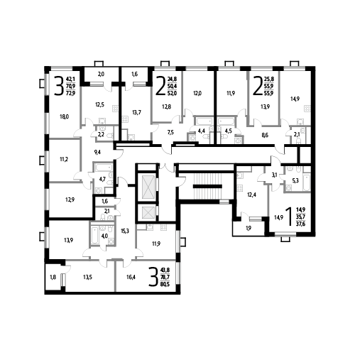 Трёхкомнатная квартира 80.5 м²
