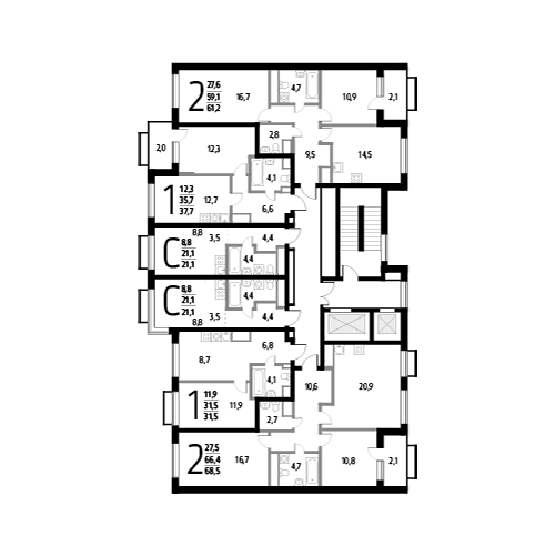 Двухкомнатная квартира 68.5 м²