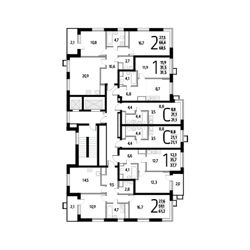 Двухкомнатная квартира 68.5 м²