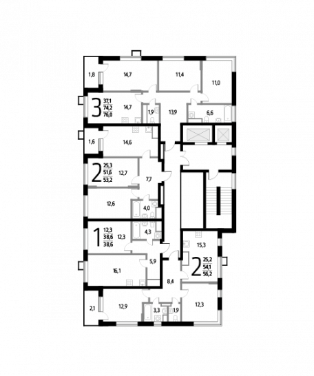 Трёхкомнатная квартира 76 м²