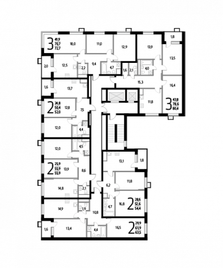 Трёхкомнатная квартира 80.4 м²