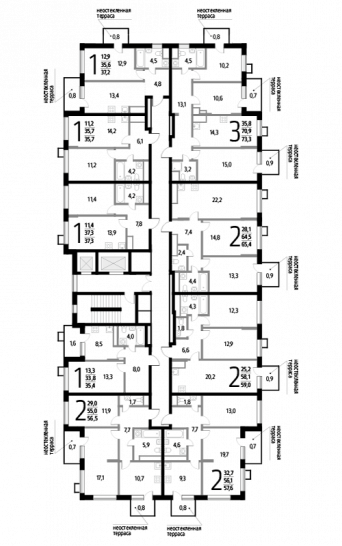 Трёхкомнатная квартира 73.3 м²