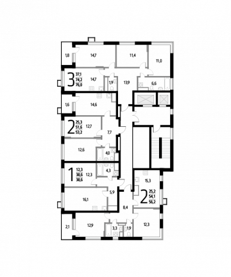 Трёхкомнатная квартира 76 м²