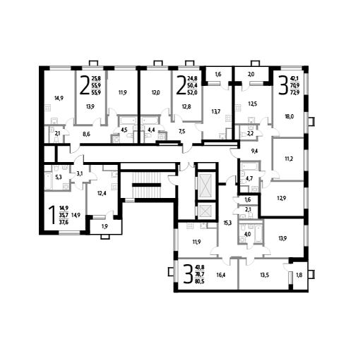 Трёхкомнатная квартира 80.5 м²