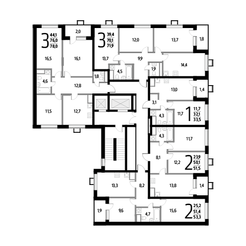 Трёхкомнатная квартира 71.9 м²