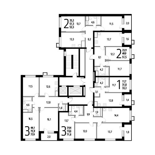 Трёхкомнатная квартира 77.9 м²