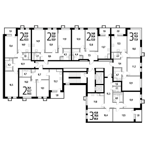 Трёхкомнатная квартира 72.9 м²