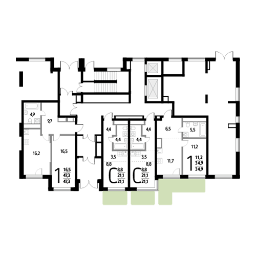 Однокомнатная квартира 47.3 м²