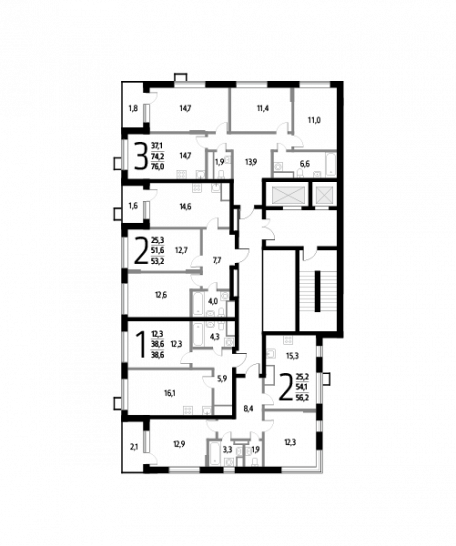 Трёхкомнатная квартира 76 м²
