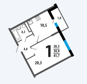 Однокомнатная квартира 41.7 м²