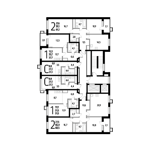 Двухкомнатная квартира 68.5 м²