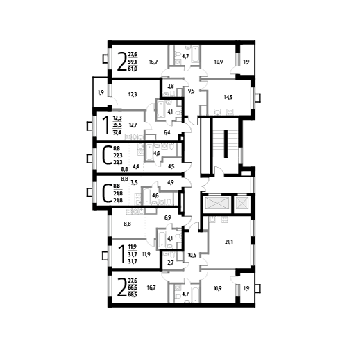Двухкомнатная квартира 68.5 м²
