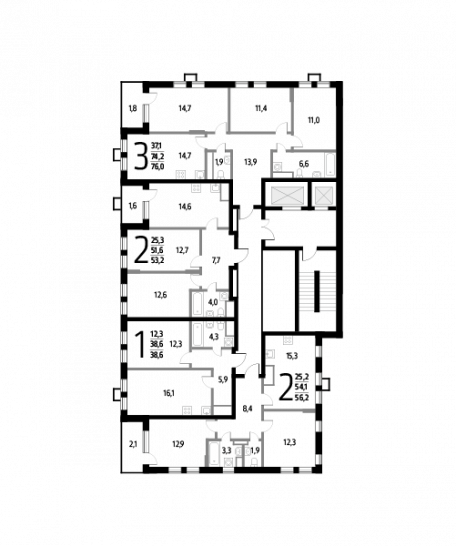 Трёхкомнатная квартира 76 м²