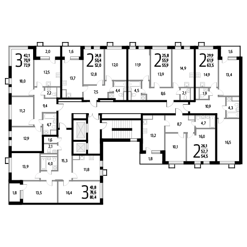 Двухкомнатная квартира 54.5 м²