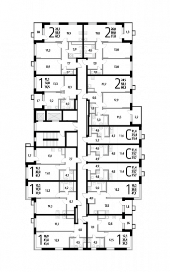 Двухкомнатная квартира 60.7 м²
