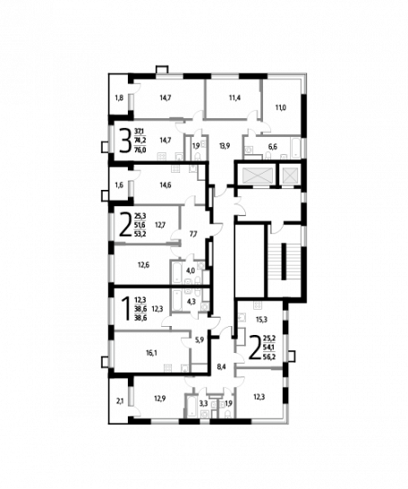 Трёхкомнатная квартира 76 м²