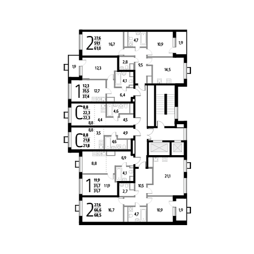 Двухкомнатная квартира 68.5 м²
