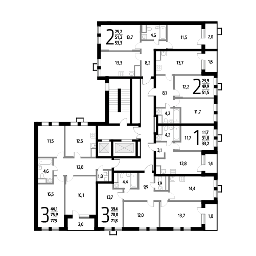Трёхкомнатная квартира 77.9 м²